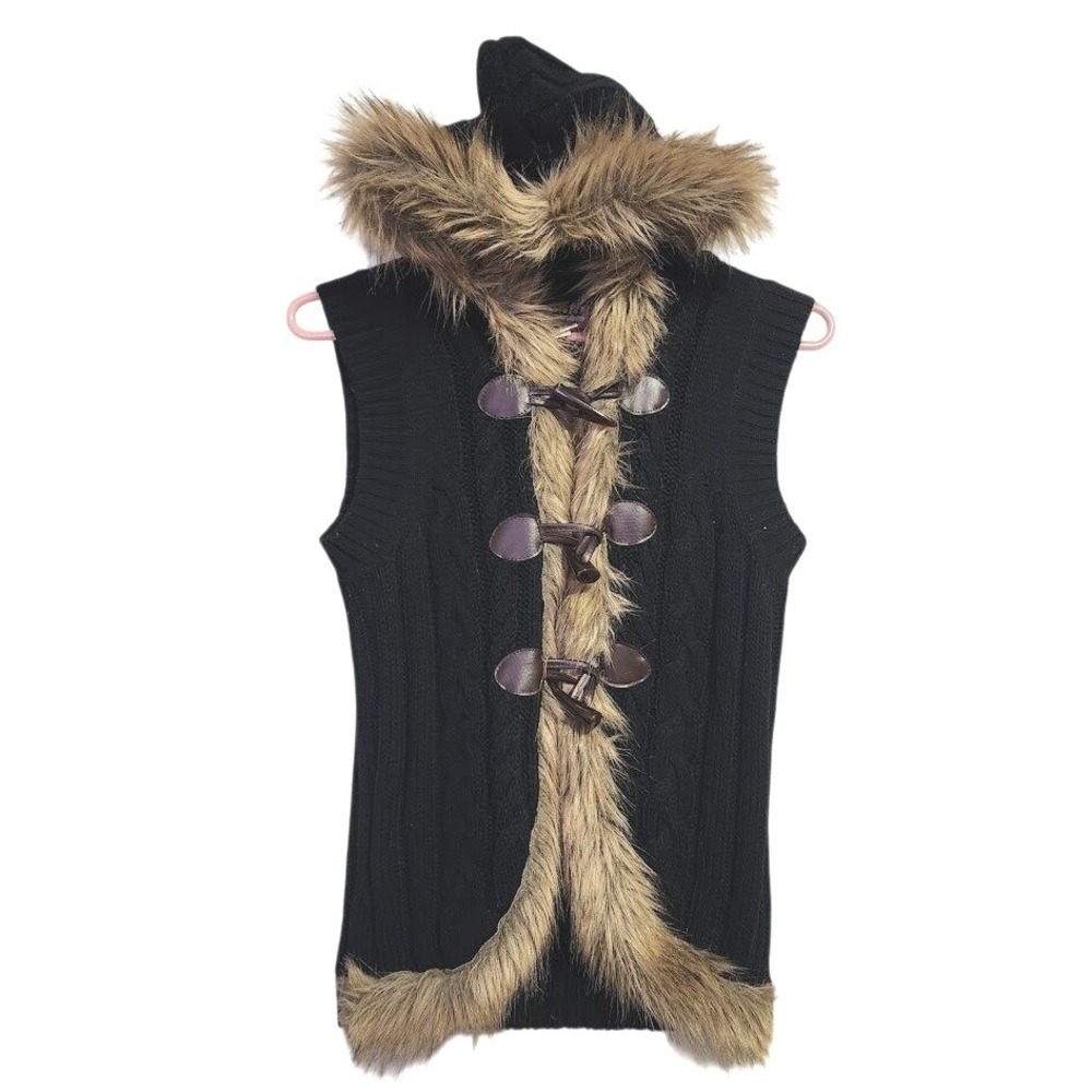 MUDD VINTAGE Y2K Cable knit sweater vest faux fur trim in black McBling size M